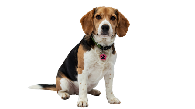 Portrait of a cute beagle puppy sitting with a pink paw print dog tag collar on transparent background