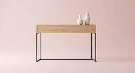 Minimalist Modern Console Table with Vases on Pink Background