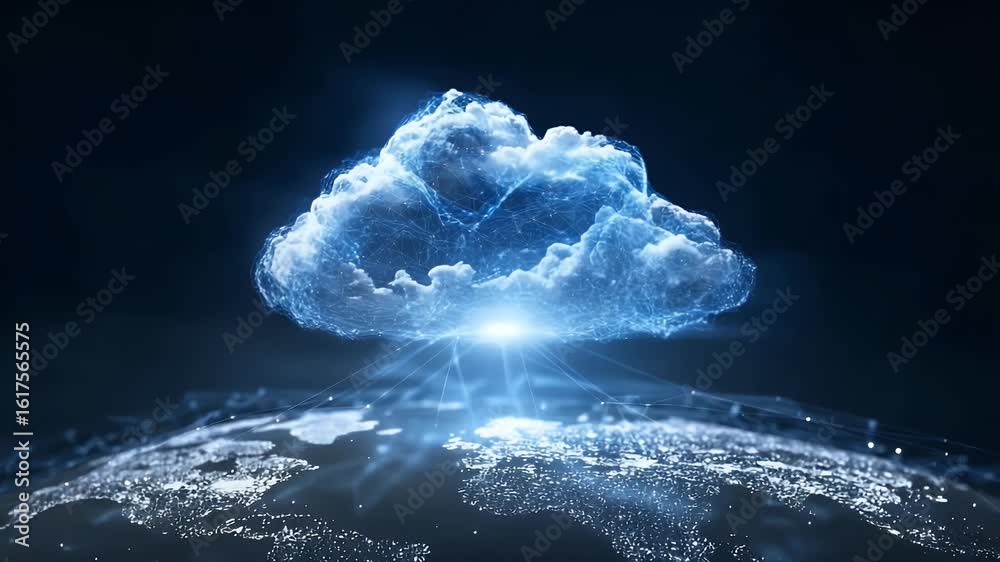 Wall mural a glowing cloud symbolizing the global network of digital clouds, connected to various illustrated c