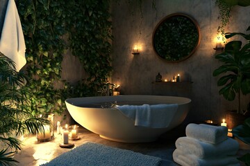 A tranquil 3D scene of a bathroom with a freestanding tub, ambient candles, and plush towels, created by ai