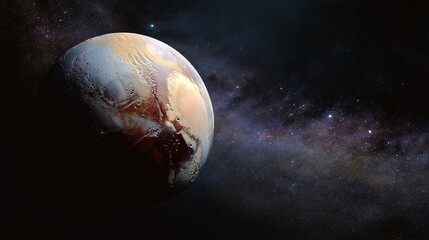 Pluto planet in the dark space sky among stars for Pluto Demoted day 