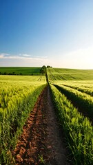 Green field path leading to horizon