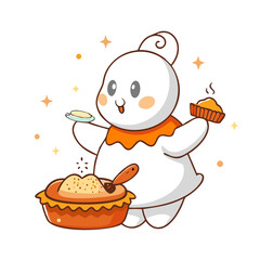 A cute ghost is baking a pie isolated on white background