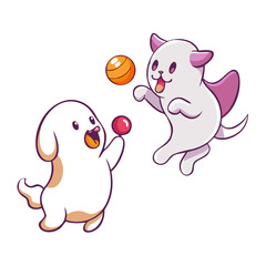 Two cute cartoon dogs are playing isolated on white background