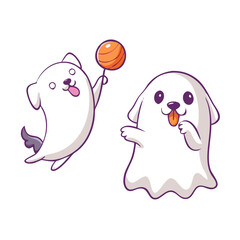 Two cute cartoon dogs are playing isolated on white background