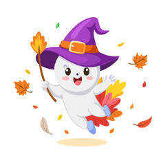 Cute ghost witch flying on a broom isolated on white background