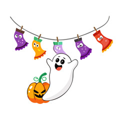 Cute ghost with pumpkin and socks isolated on white background