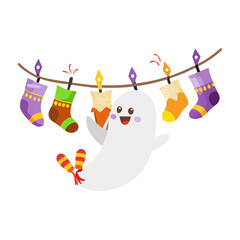 Cute ghost with halloween socks isolated on white background