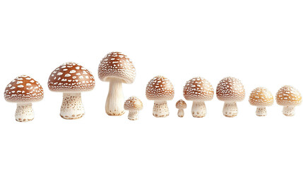A series of Amanita muscaria mushrooms arranged in a row, showcasing various sizes from small to large, with red caps and white spots.