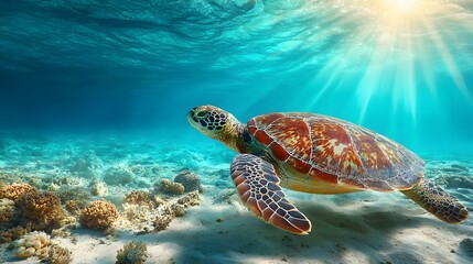 Obraz premium Sea turtle swimming in a coral reef environment.