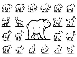 Collection of animal line art icons. Vector illustration set featuring a bear, elephant, lion, and other wildlife.