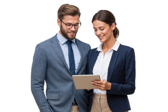 Successful business team collaborating with a digital tablet. Happy male and female professionals in formal suits discussing a strategy