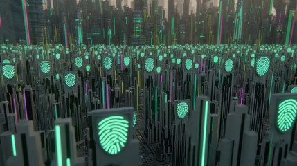 Digital fingerprint landscape futuristic city 3d visualization urban environment aerial view technology concept