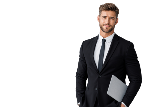 Confident businessman in a black suit holding a tablet under his arm, isolated on transparent background