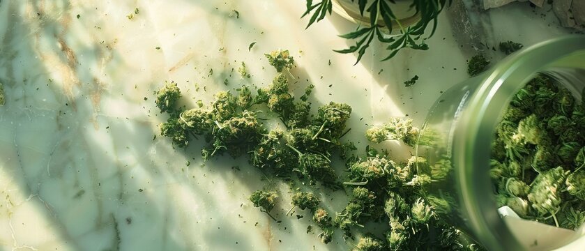 Overhead View of Cannabis Trimming Process with Fresh Buds and Glass Jar on Marble Surface
