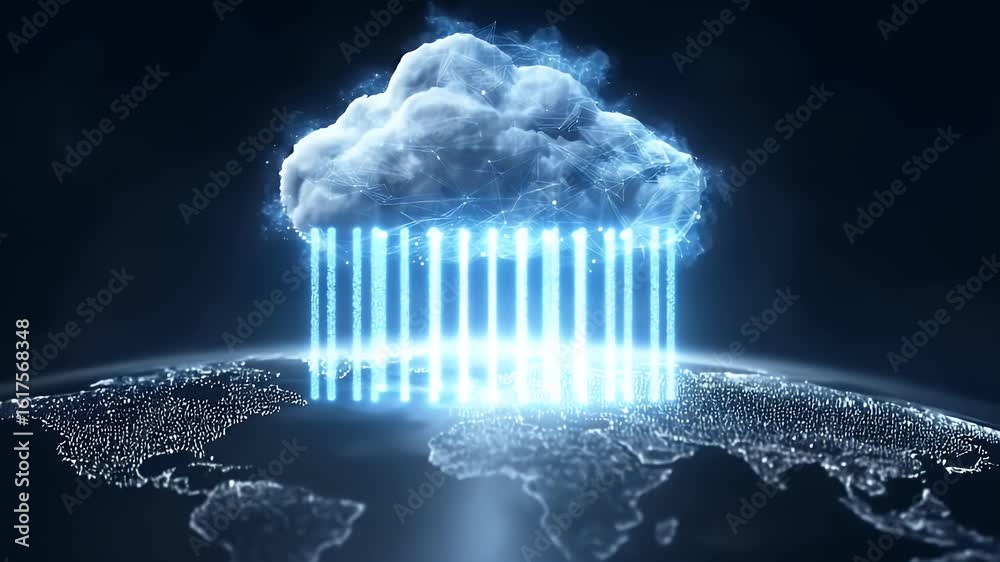 Wall mural a glowing cloud symbolizing the global network of digital clouds, connected to various illustrated c