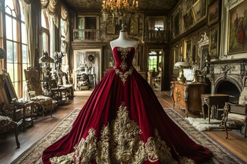 A  luxurious crimson velvet evening gown,  created by ai