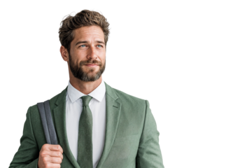 Modern businessman with a backpack looking towards the future, isolated on transparent background