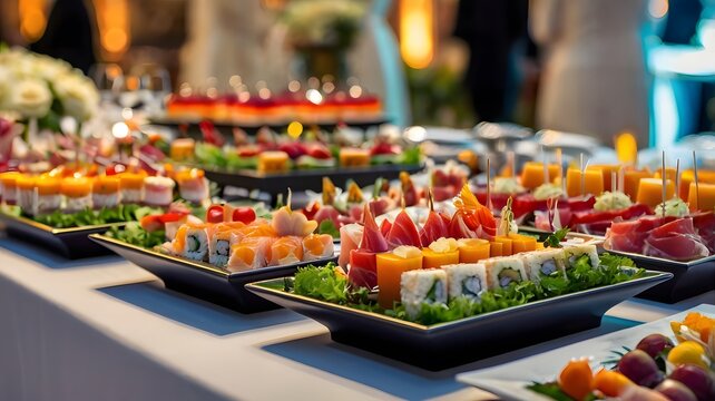 Elegant assortment of sushi and appetizers arranged on tables