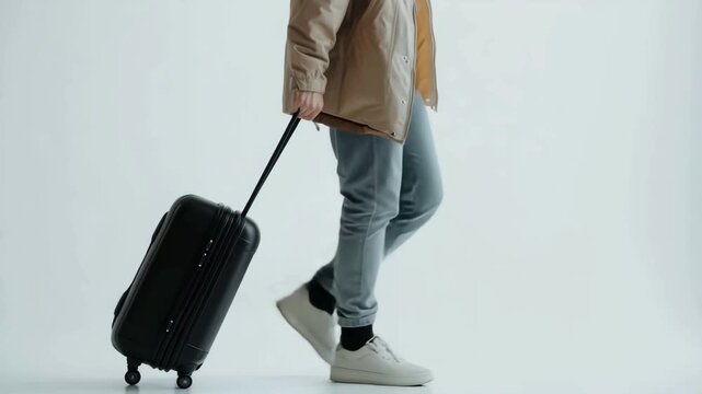 Modern Minimalist Traveler Walking with Luggage on White Background &mdash; Stylish Travel Concept with Clean Studio Aesthetic and Smooth Motion in 4K