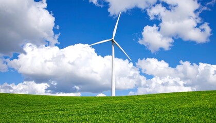 Wind turbine on a grassy hill under a partly cloudy sky