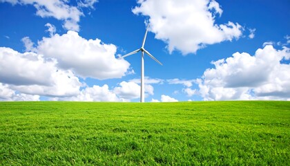 Wind turbine on a grassy hill under a blue sky