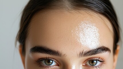 Teenager with shiny forehead and visible oily skin texture