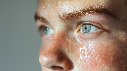 Teenager with shiny forehead and visible oily skin texture
