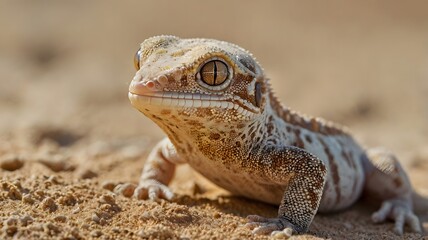 Fototapeta premium Gecko on sandy ground exploring with keen eyes in natural habitat