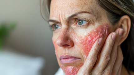 Woman applying calming cream on rosacea-affected skin
