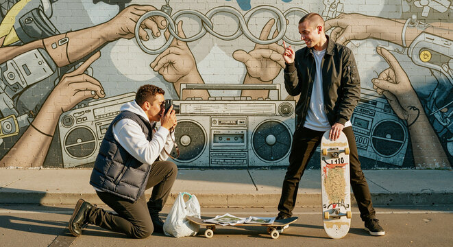 Young generations exploring retro gadgets in urban settings with creativity and fun