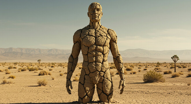 Surreal Male Body Made of Cracked Earth and Stone in Desert Setting