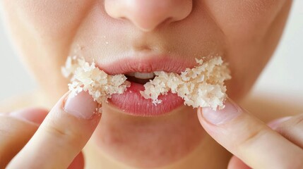 Woman peeling flaking skin from severely chapped lips