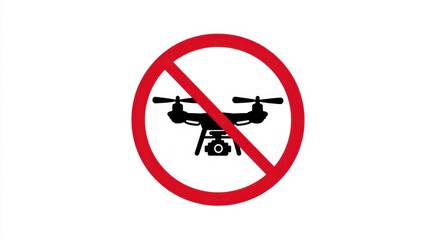 A clear sign prohibits the use of drones in the area, featuring a red circle with a diagonal line over a drone graphic. This emphasizes rules to maintain safety and security.