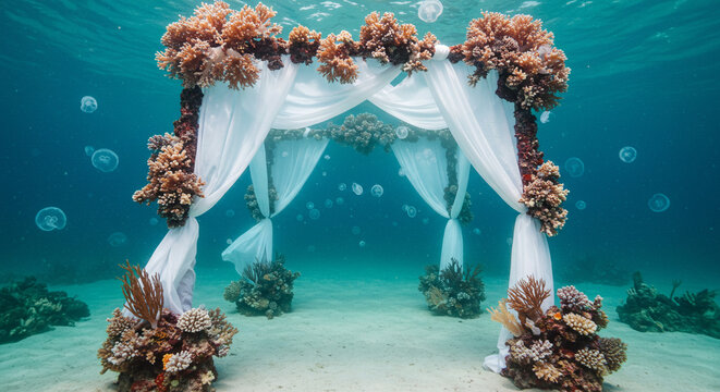 Surreal Underwater Wedding Altar Surrounded by Jellyfish and Coral