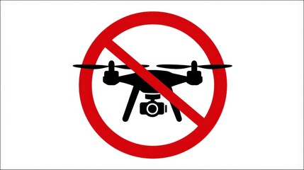 A clear sign prohibits the use of drones in the area, featuring a red circle with a diagonal line over a drone graphic. This emphasizes rules to maintain safety and security.