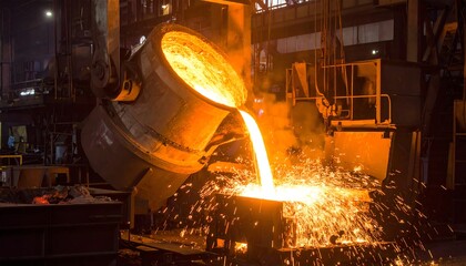 Ladle pouring molten metal at steel plant. Ideal for industrial, manufacturing, foundry, steel production, metalworking, and factory concepts.