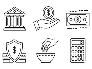 Set of finance and money line icons. Vector illustration of bank, currency, savings, and calculation symbols.