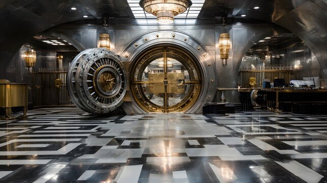 Large bank vault entrance with intricate details.