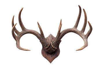 Fototapeta premium Impressive deer antlers mounted on a dark wood plaque a hunting trophy