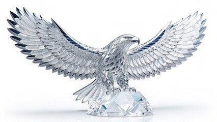 A crystal eagle figurine with its wings spread wide perched on a faceted crystal base on white