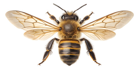 Fototapeta premium Detailed macro view of a honeybee showcasing intricate wing veins and fuzzy segmented body, perfect for nature and science projects.