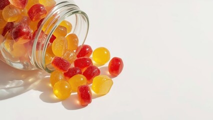 Height gummies. Colorful red yellow jelly beans spilling from glass ja
