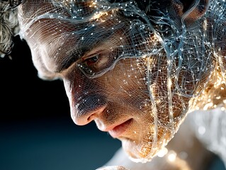 Cybernetic Man Futuristic portrait with glowing wires with digital, technology, and AI concept.