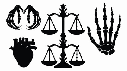 Thought-provoking Composition Featuring Skeletal Hands Forming a Heart, Realistic Human Heart Illustrations, and the Symbolic Scales of Justice. This Black Silhouette Design Explores the Intersections