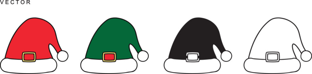 Santa Claus hat collection, Santa red hats with white fur, Winter cap, Christmas element, Vector illustration
