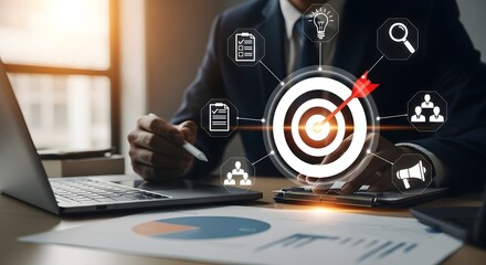 Business strategy planning and goal achievement concept with target and success icons for marketing