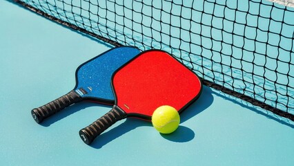 Pickleball Equipment. Table tennis paddles blue red and yellow ball on