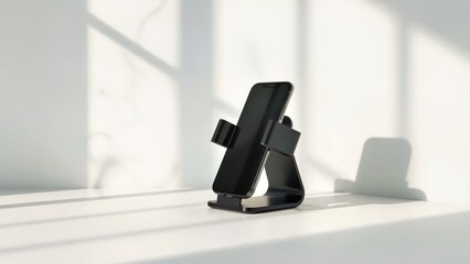 Pinwheel Phone. Black wireless phone charger on white table minimal su