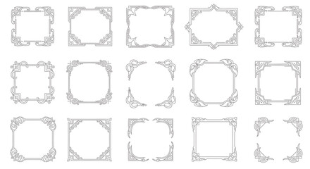 Ornate Decorative Frames and Corner Elements with Intricate Line Art Designs